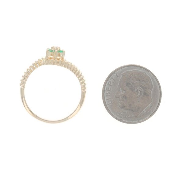 Yellow Gold Diamond Emerald Halo Bypass Ring - 14k Round Brilliant .13ctw Flower - Picture 5 of 6